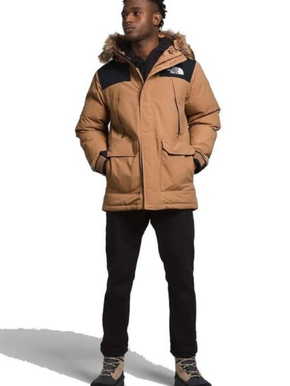 The North Face Bedford Park Down Coat Fur Hood Tan Black Ski Jacket XL